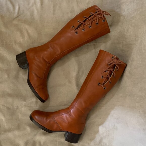 VINTAGE 1970s Brown Heeled Knee High Boots Women's Size 8 Fur Lined - Picture 8 of 9
